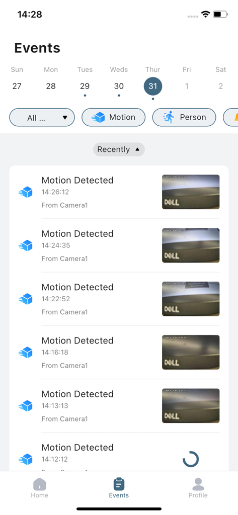 Dristi mobile app screen showing a list of recorded motion detection events with video thumbnails