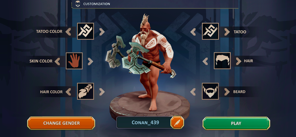 Exile: Wasteland Survival RPG - Character customization screen for a male warrior in Exile Wasteland Survival RPG showing options for tattoos, hair, and beard.