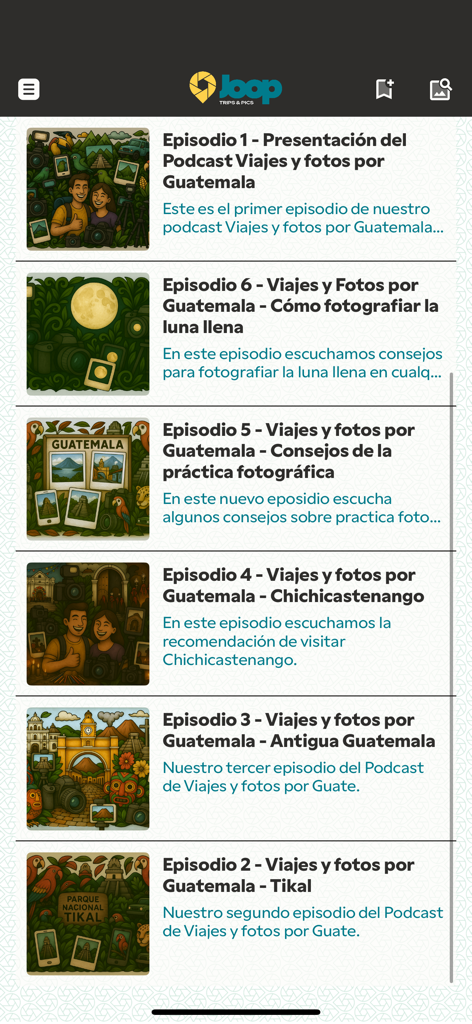 Joop - A list of podcast episodes in the Joop app featuring travel and photography tips for Guatemala.