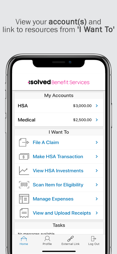 isolved Benefit Services iFlex - isolved Benefit Services iFlex app main screen showing HSA and Medical balances and benefit management features