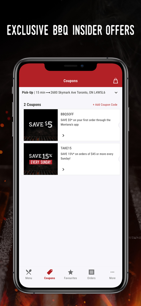 Montanas BBQ & Bar - Tela de cupons do aplicativo Montana's BBQ and Bar mostrando ofertas exclusivas para membros e códigos de desconto