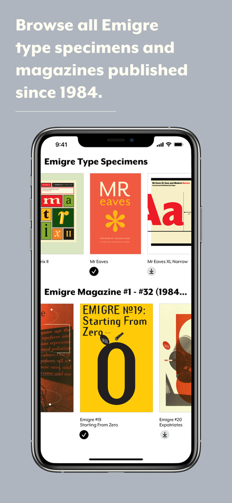 Emigre Fonts - Mobile interface of the Emigre Fonts app showing digital type specimens and magazine archives