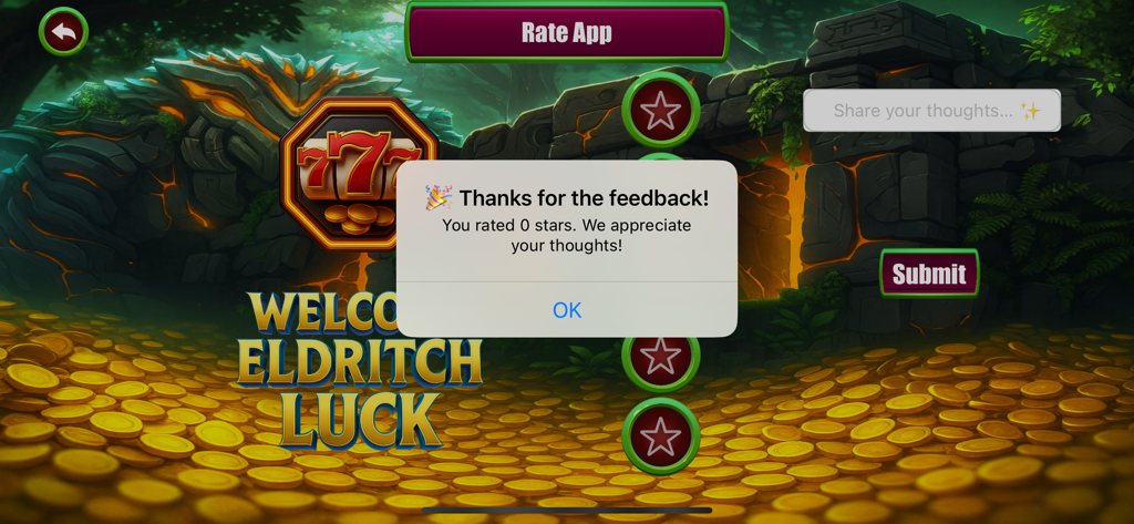 Xaldrith Phydal Slots - Rate app feedback confirmation in Xaldrith Phydal Slots with gold coins background