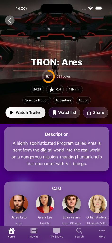 Movie details screen for TRON Ares on the CinesPhere app featuring cast ratings and description