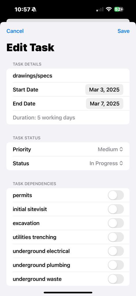 Interface do aplicativo Construction Workflow mostrando detalhes da tarefa, status e dependências durante a edição.