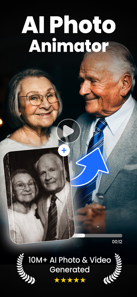 VideoAI: AI Video Generator+ - An old black and white photo of an elderly couple being transformed into a colorized and animated video using AI.