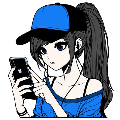 realistic girl with a long ponytail and trucker hat holding an iphone