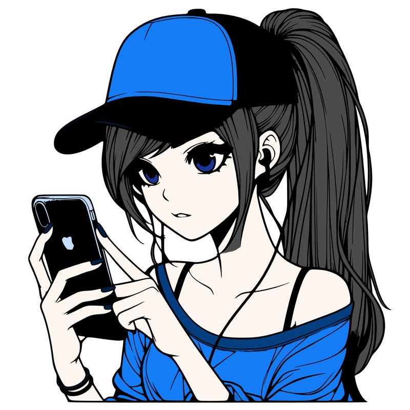 realistic girl with a long ponytail and trucker hat holding an iphone