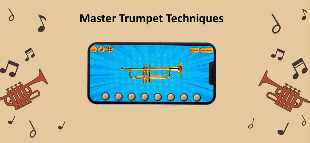 Trumpet Maestro - Smartphone screen displaying a virtual trumpet for mastering musical techniques