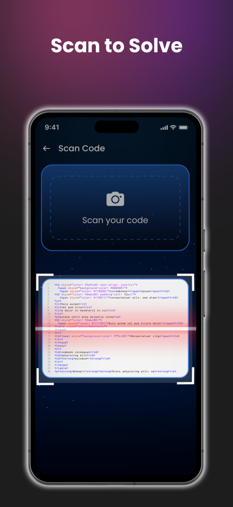 Dev AI – Learn Coding - Dev AI 앱에서 프로그래밍 코드 블록을 스캔하는 스캔하여 해결 기능 보기