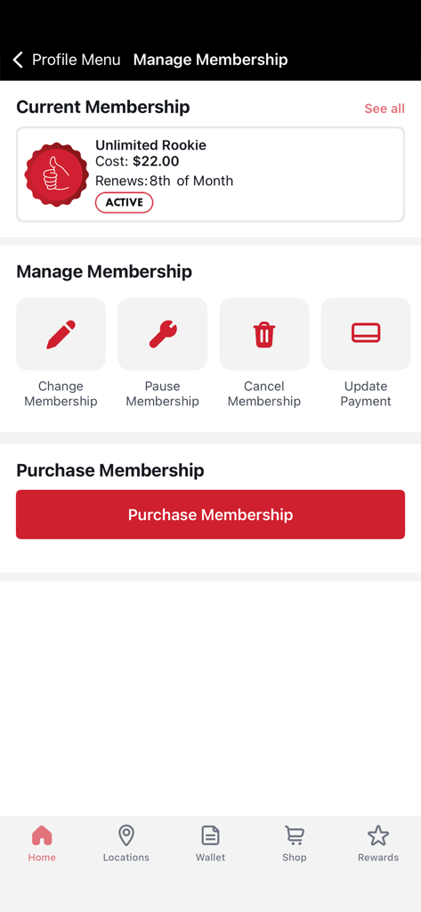 The manage membership screen of the Club Car Wash mobile app displaying current subscription details and options to change or cancel