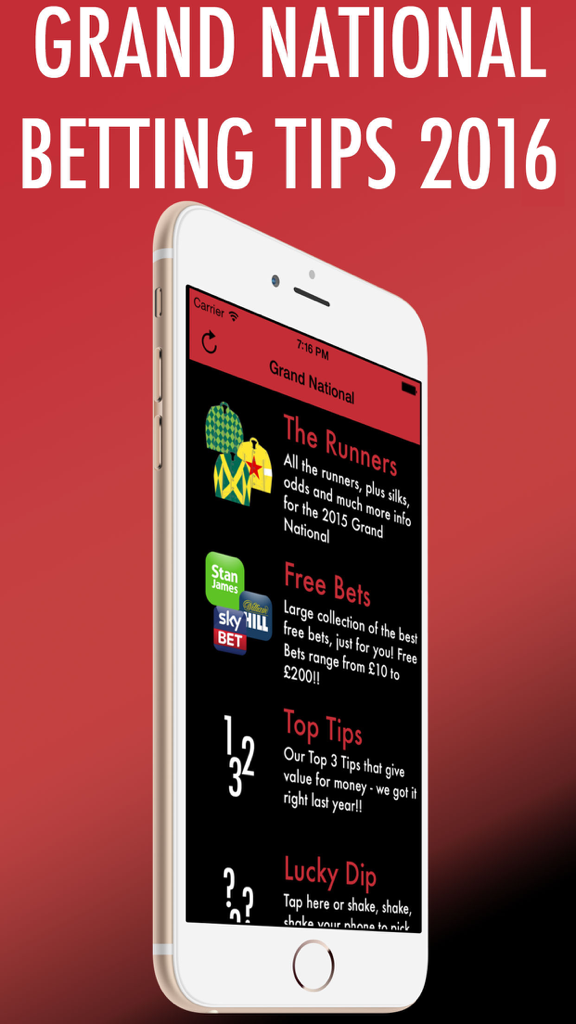 Grand National Betting Tips 2016 mobile app interface showing race runners and betting offers