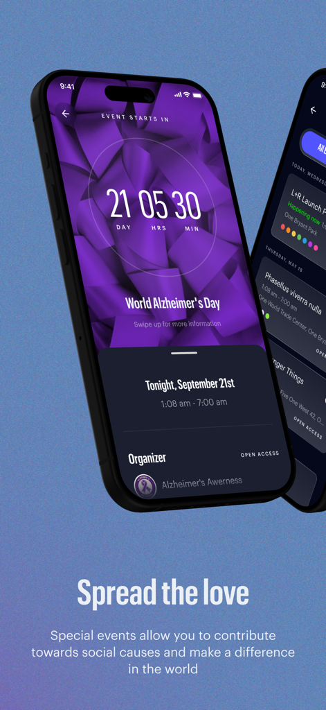 Spireworks - Spireworks app screen showing a countdown for a social cause charity event