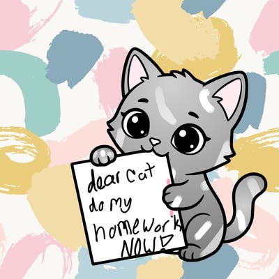 a small cat with a blank sheet of paper in its hand. the cat is sooooooo cute!