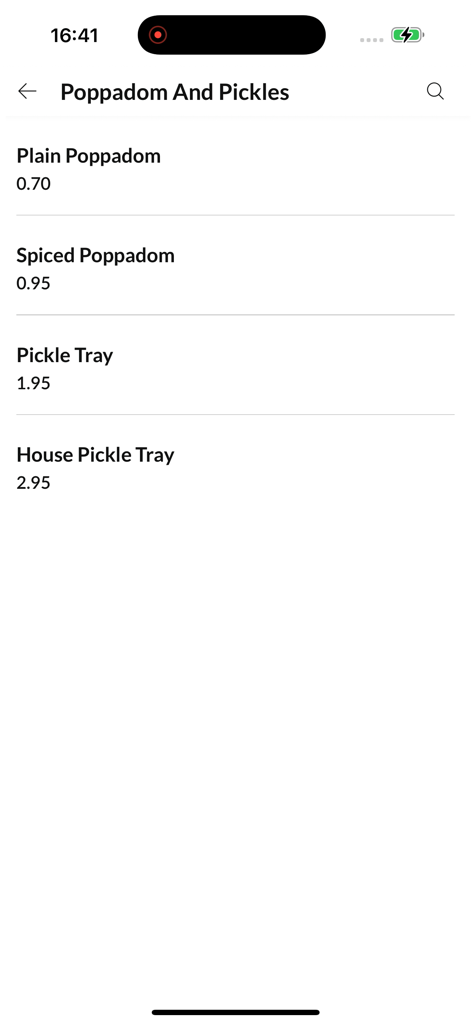 Jhinook - A menu list for poppadoms and pickles in the Jhinook mobile app