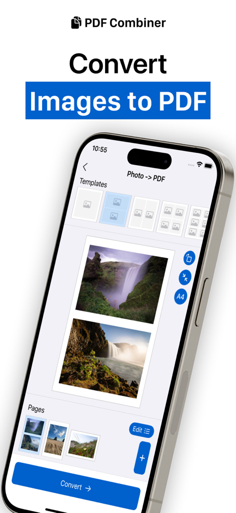 Bildschirm eines iPhones, der die Benutzeroberfläche der PDF Merger App zur Konvertierung mehrerer Bilder in ein einziges PDF-Dokument mithilfe verschiedener Layout-Vorlagen anzeigt