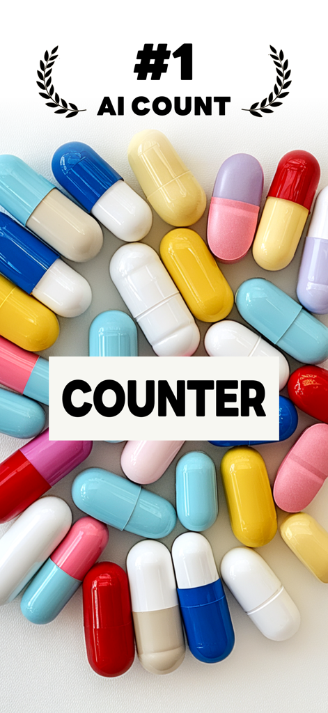 A variety of colorful medicinal capsules with a text overlay highlighting the number one AI pill counting feature.