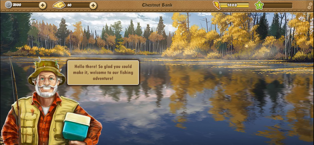 Fishing World - Un amable personaje pescador dando la bienvenida a los jugadores a un lago escénico llamado Chestnut Bank en el juego móvil Fishing World.