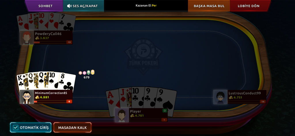 Turk Pokeri - Interface de jeu en ligne de Turk Pokeri montrant des joueurs à une table de poker virtuelle