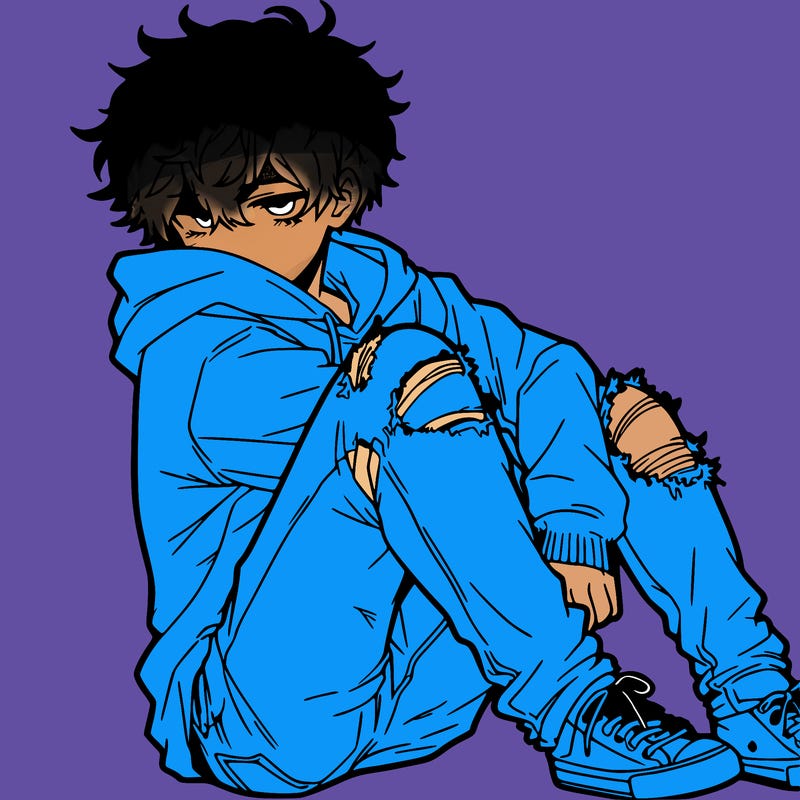 a male hoddie ripped jeans messy hair anime