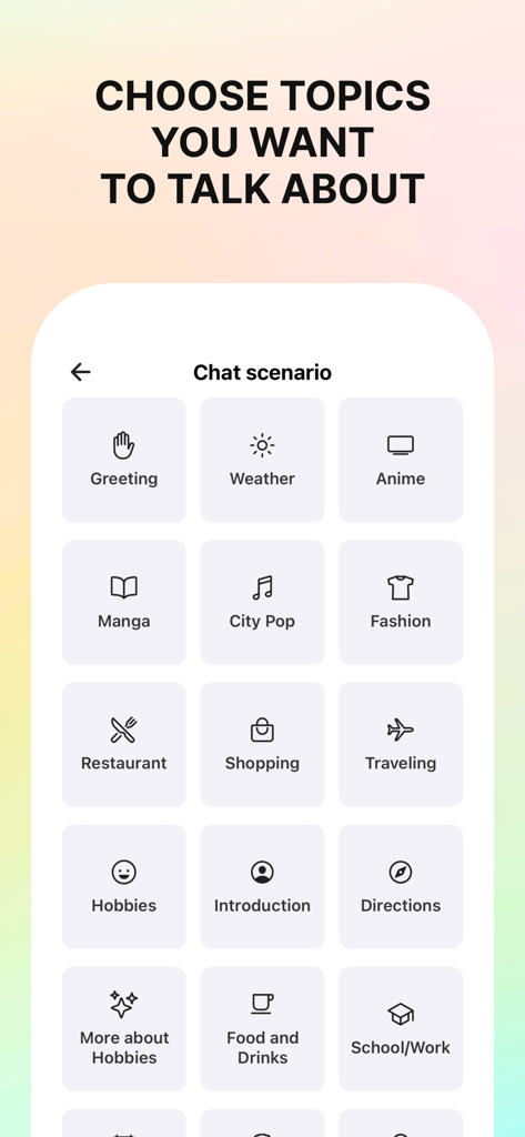LunaTalk: AI Japanese Chat App - A selection screen in the LunaTalk app showing various Japanese conversation topics like Anime, Manga, and Traveling.