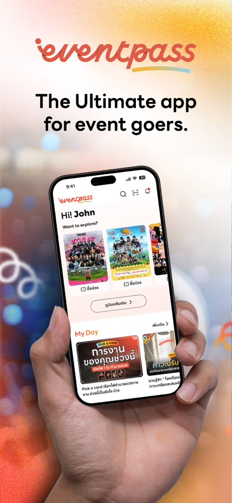 Eventpass - A hand holding a smartphone displaying the Eventpass app home screen with event posters and personalized recommendations