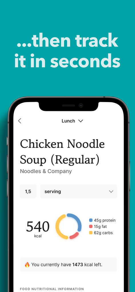 Cals: Lose Weight - Cals app interface showing calorie and macronutrient breakdown for a lunch entry