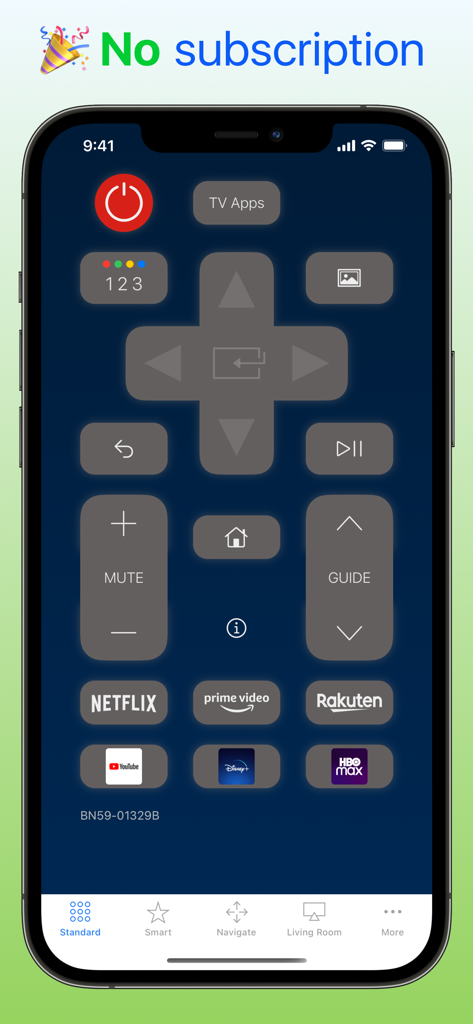 Digital Samsung Smart TV remote interface on an iPhone with streaming shortcuts