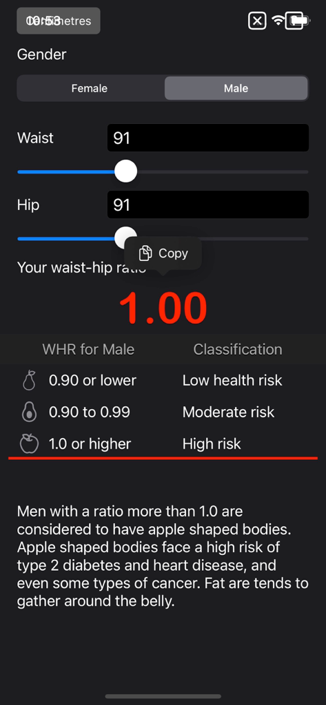 Mobile App-Oberfläche zur Berechnung des Taille-Hüfte-Verhältnisses, die ein Ergebnis von 1,00 für einen Mann mit einer Klassifizierung für hohes Gesundheitsrisiko zeigt.