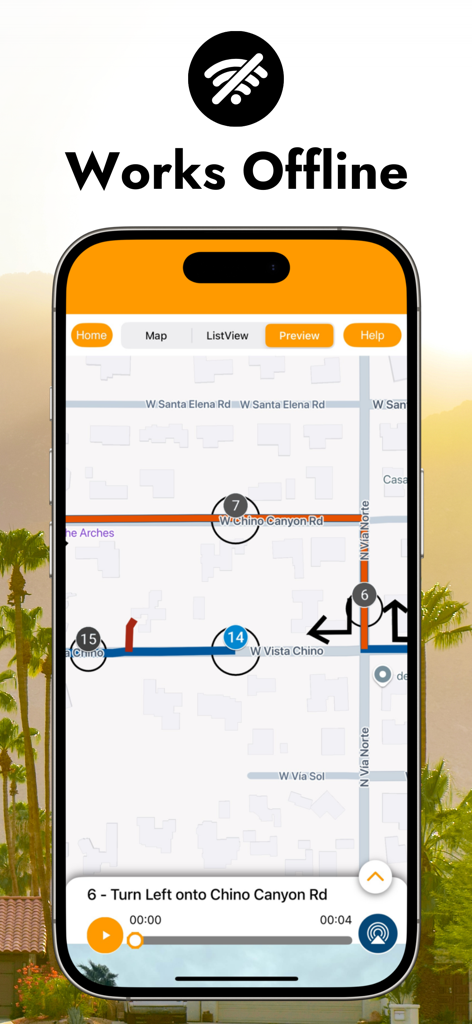 오프라인 작동 헤더와 내비게이션 지침이 있는 팜스프링스 오디오 투어 가이드 지도 인터페이스를 보여주는 스마트폰.