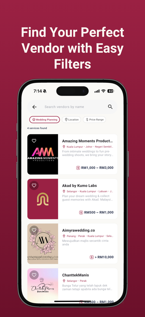 The vendor search and filter interface within the akad Planner app showing various wedding service providers.