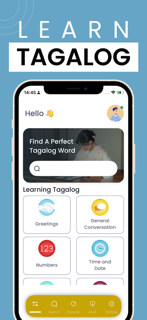 Interface of Learn Tagalog phrasebook app showing lesson categories like greetings and numbers