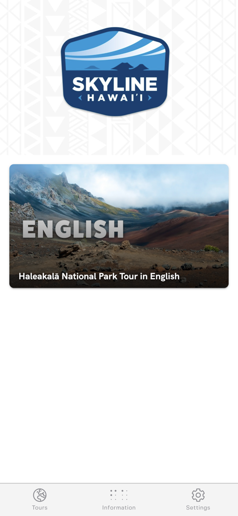 Haleakala National Park Tour - Skyline Hawaii mobile app interface showing the Haleakala National Park Tour option in English