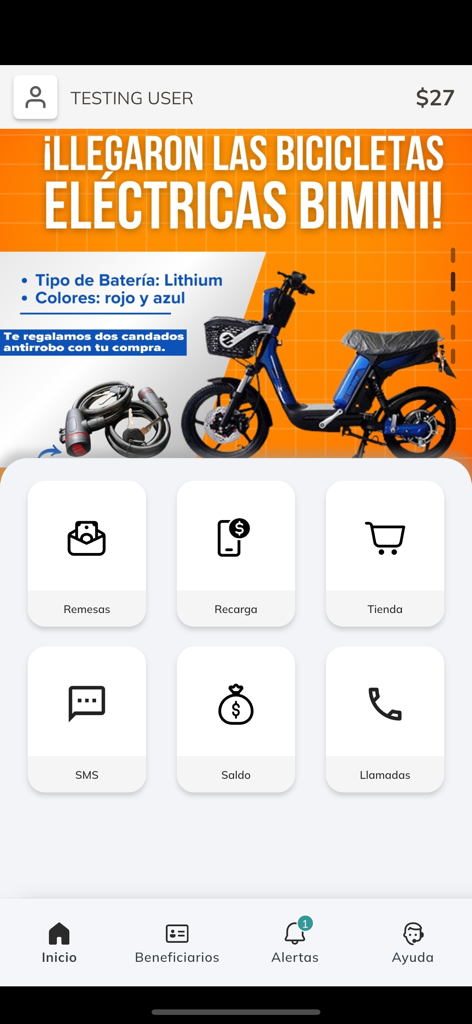 CubaMax - CubaMax mobile app home screen showing services for remittances and recharges with a banner for electric bicycles