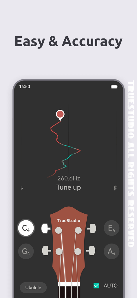 Ukulele Tuner - TrueStudio - Interfaccia di un accordatore professionale per ukulele che mostra la frequenza e l'accuratezza dell'accordatura