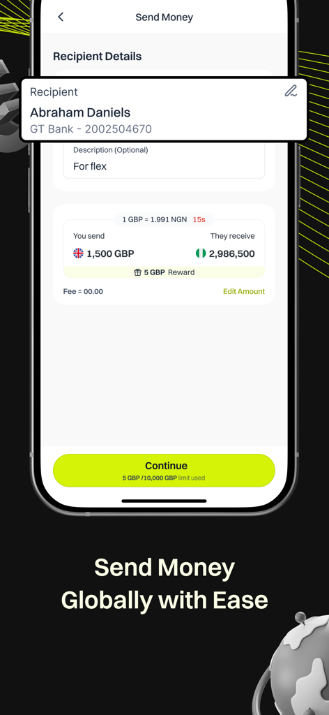 Prune Payments - Interface of the Prune Payments app showing a money transfer from GBP to NGN with a 5 pound reward and zero fees