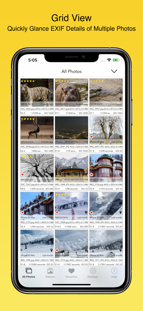 EXIF Viewer by Fluntro - 複数の写真のグリッドビュー表示。ISOやシャッタースピードを含む詳細なEXIFメタデータが表示されています