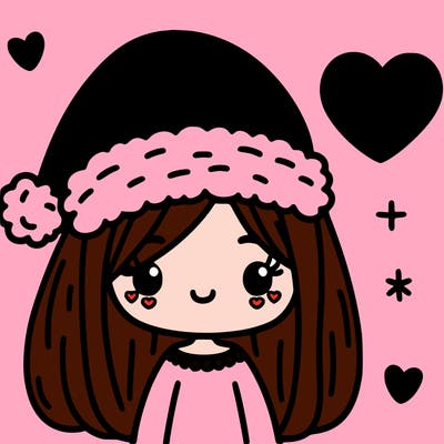 a girl with a santa hat with straight hair red heart, all next to her