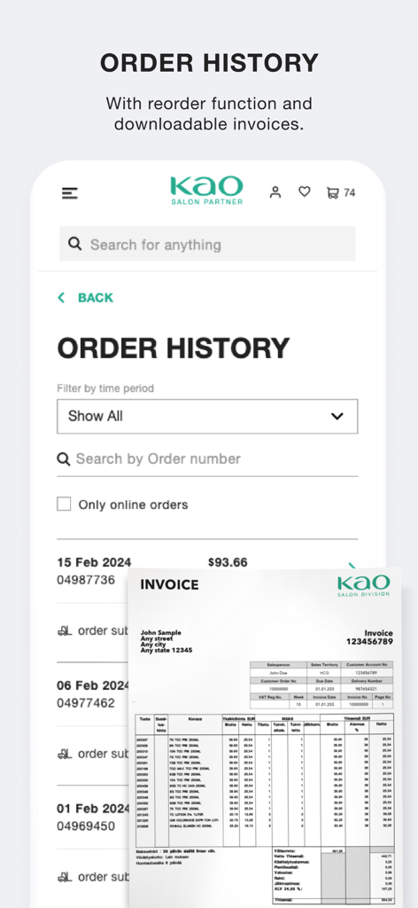 Kao Salon Alliance online shop - Tela de histórico de pedidos no aplicativo Kao Salon Alliance mostrando pedidos anteriores e uma fatura digital para download.