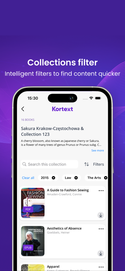 Kortext - Mobile app interface of Kortext showing smart search and category filters for a digital academic library.
