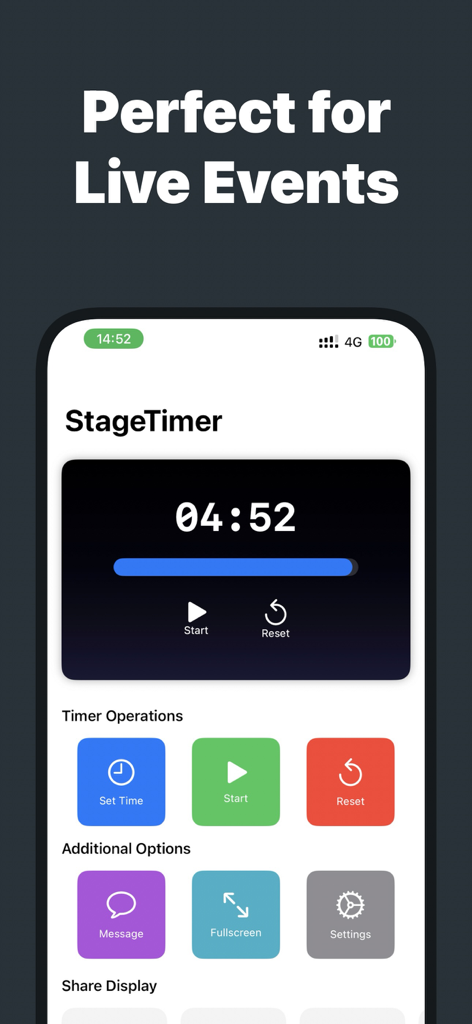 Stage Timer - Stage Timer mobile Anwendungs-Oberfläche mit einem professionellen Countdown-Timer mit Live-Event-Steuertasten