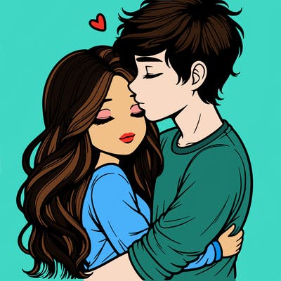 a realistic couple boy and girl hugging and kissing