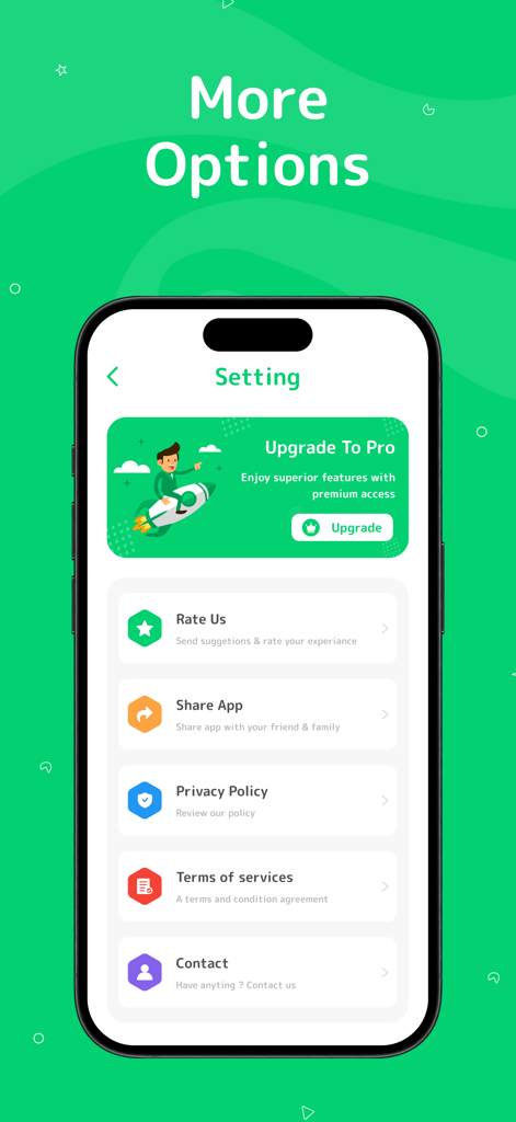 WebChat For WApp Messenger - Settings screen of WebChat for WApp Messenger showing an upgrade to pro banner and general menu options like rate us and privacy policy.