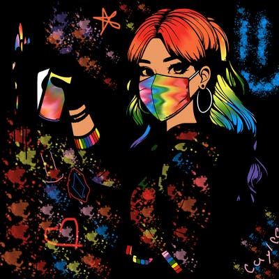 realistic girl with mask spray painting a wall