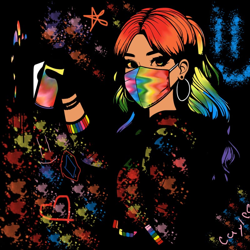 realistic girl with mask spray painting a wall