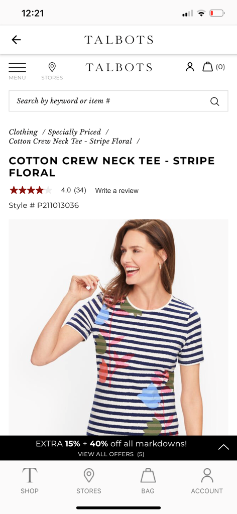 Talbots app screen showing a woman wearing a striped cotton crew neck tee with floral designs.