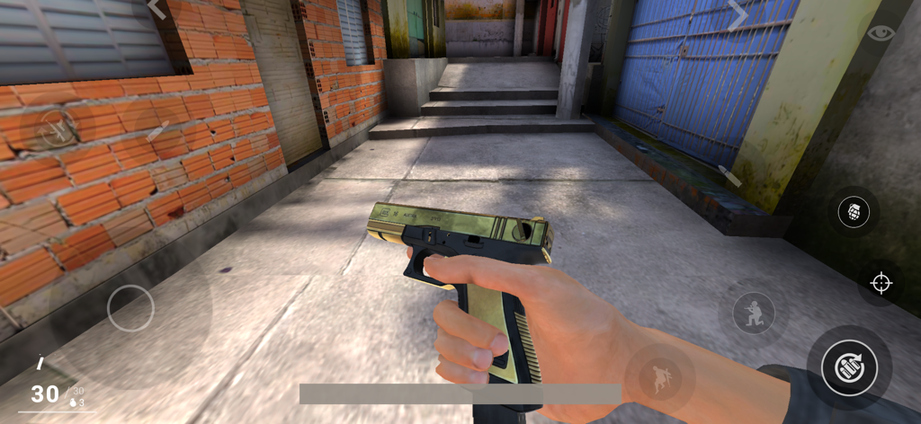 Complexo Favela - First person view of a player holding a gold pistol in a realistic Brazilian favela alleyway