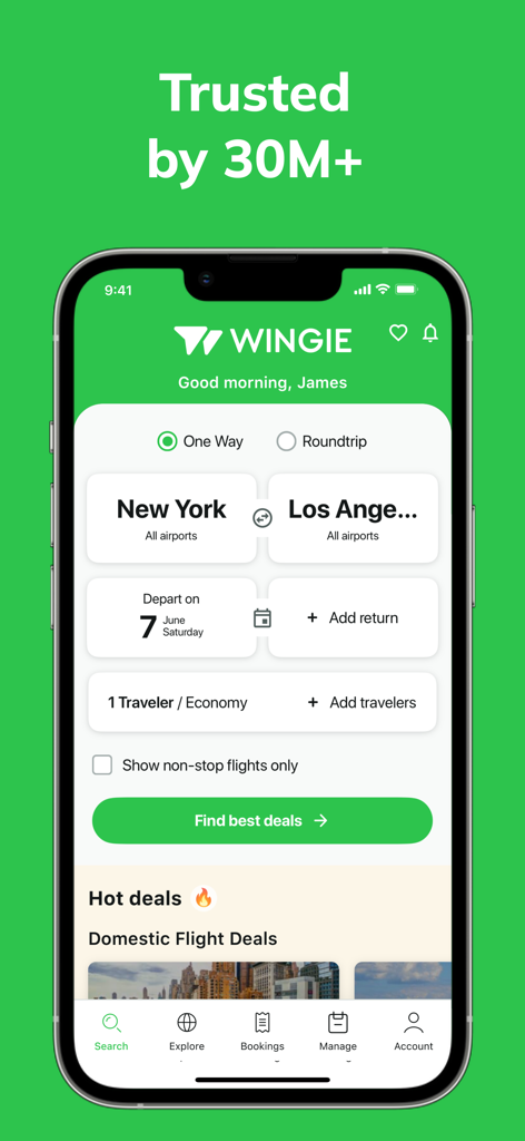 WINGIE - Book Cheap Flights - Wingieアプリのフライト検索画面。ニューヨークからロサンゼルスへのフライト検索を表示しています。