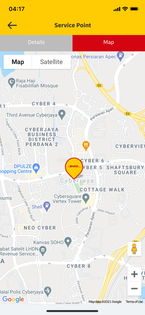 Map view in the DHL Express Mobile App showing the location of a service point in Cyberjaya.