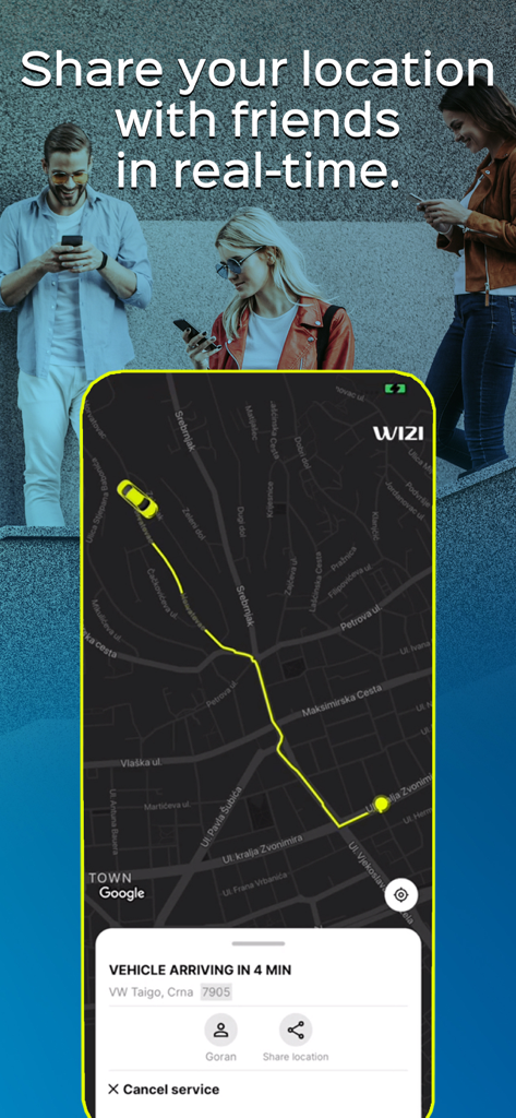 Smartphone screen showing the Wizi app interface with real-time ride tracking on a map and a share location option